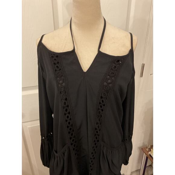 Vava USA by Joy Han Esme Line Ruffled Hem Cold Shoulder Black Dress, M - Picture 2 of 5